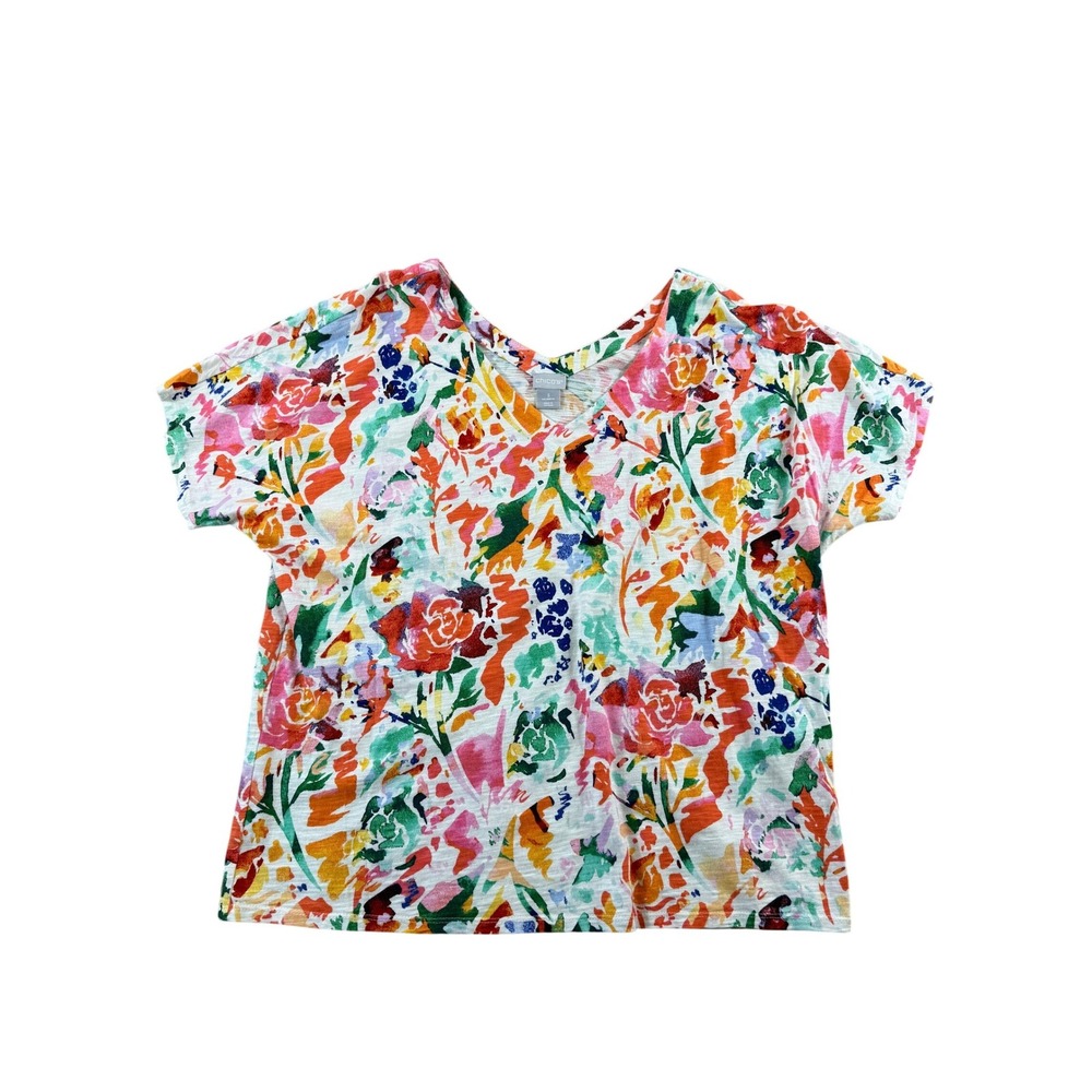 Chico's Women XL Size 3 Floral V-Neck Short Sleeve Cotton Modal Top Sun
